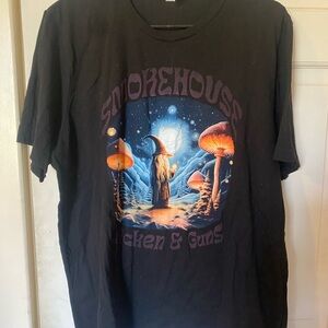 Black Graphic T-Shirt with Wizard and Mushrooms